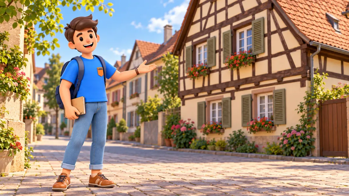 Illustrierter Reisender betrachtet eine frei gestaltete Fachwerkfassade vom Dorfgehweg aus