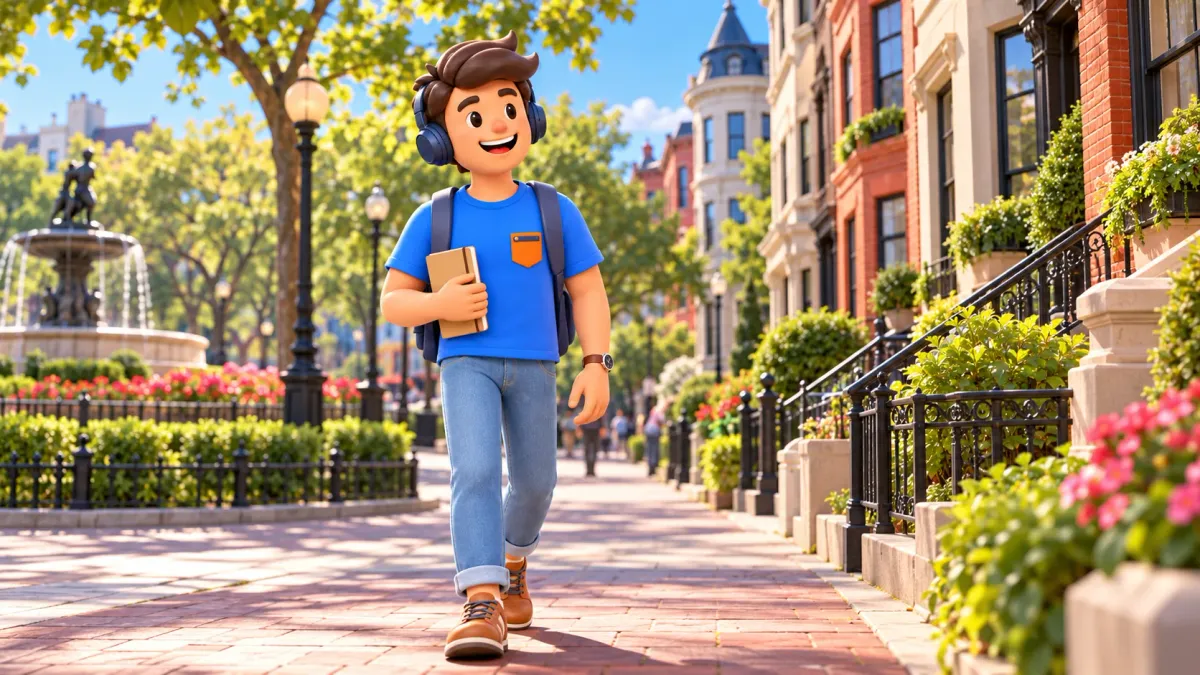 Ilustración: Viajero con auriculares en el barrio de Dupont Circle.