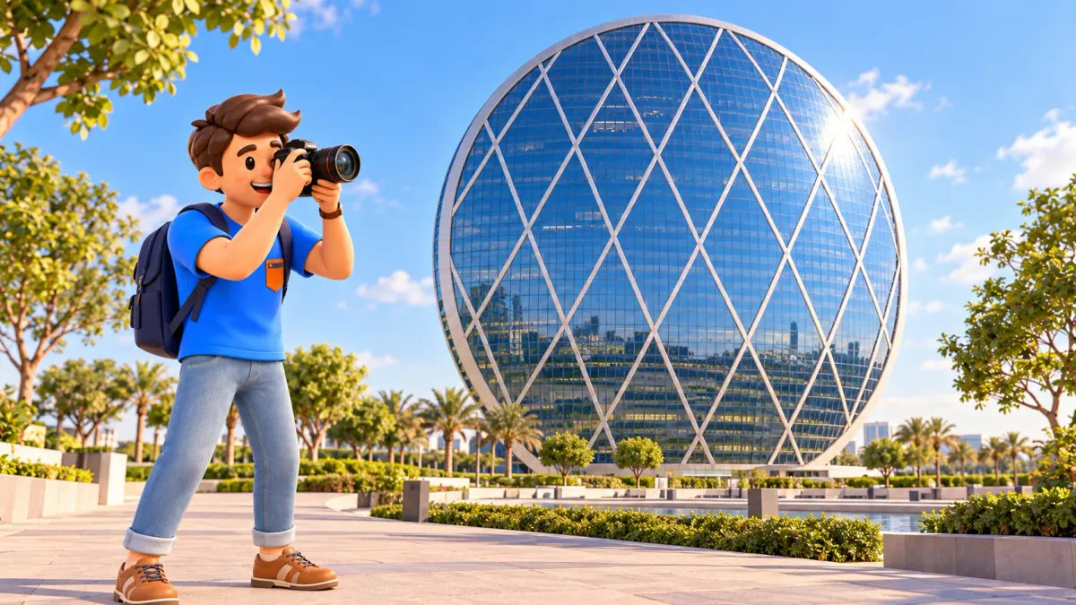 A traveller photographing the circular glass Aldar HQ building