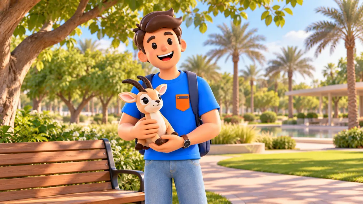 Character with a soft toy on an unhurried family park outing