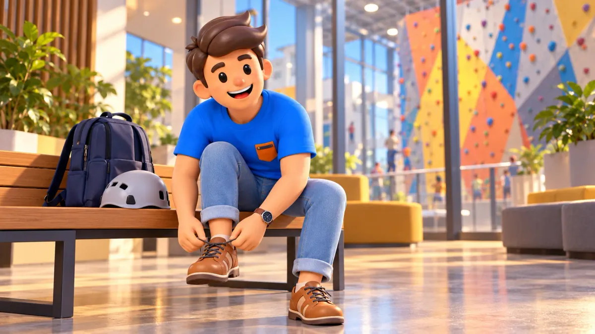 A traveller tying a shoe before an active day on Yas Island
