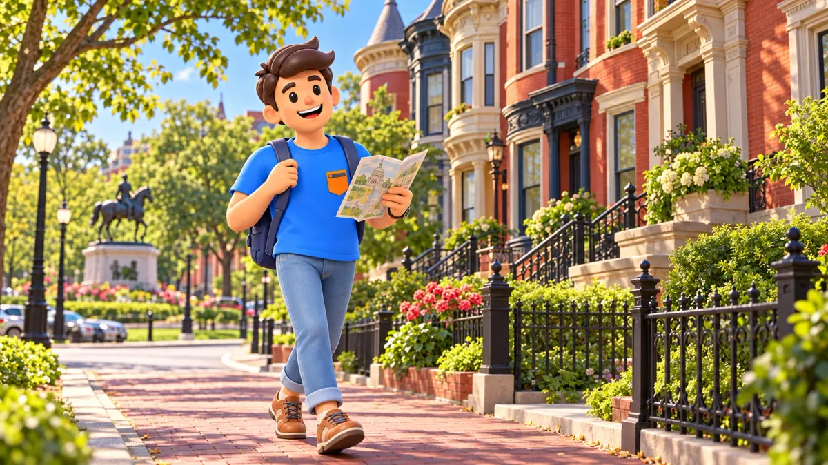 Illustration: a traveller on a Logan Circle street.