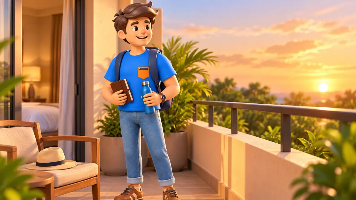 El personaje prepara un paseo al atardecer con cuaderno y termo
