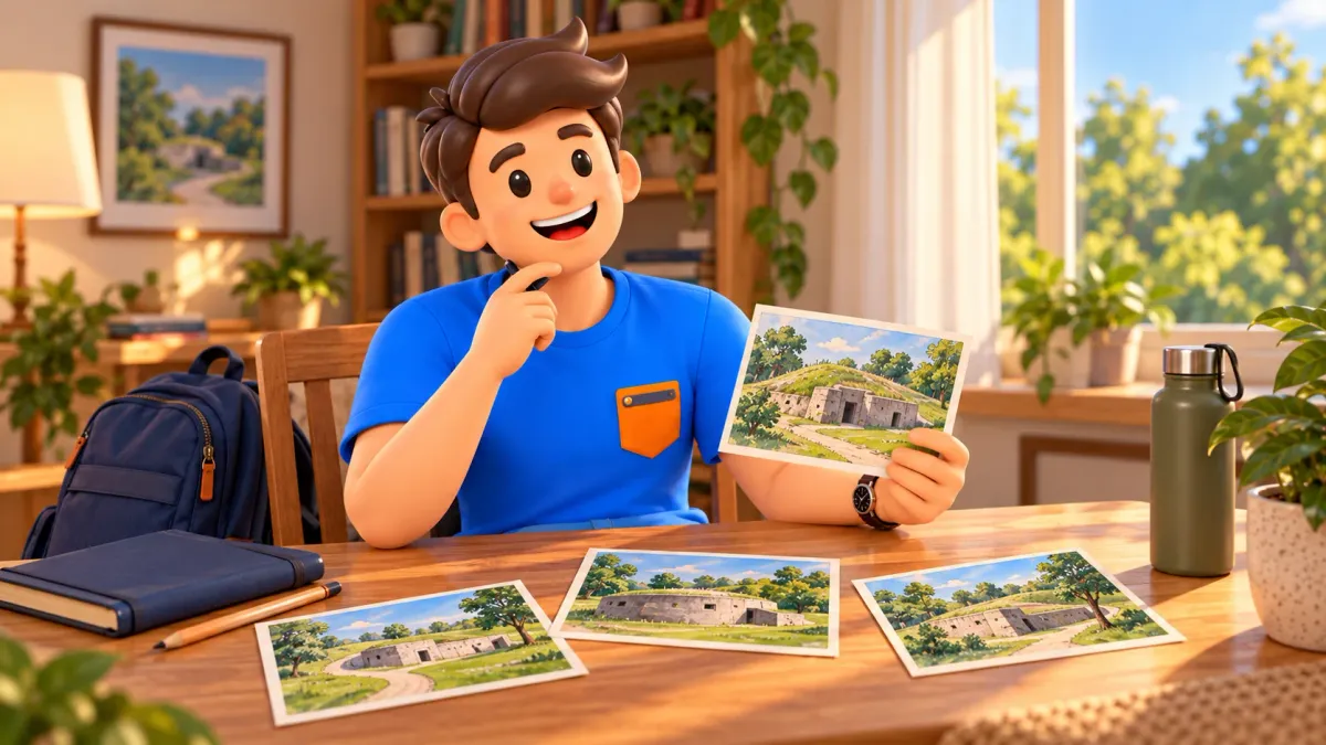 Viajero ilustrado eligiendo una experiencia de fuertes con dibujos imaginados