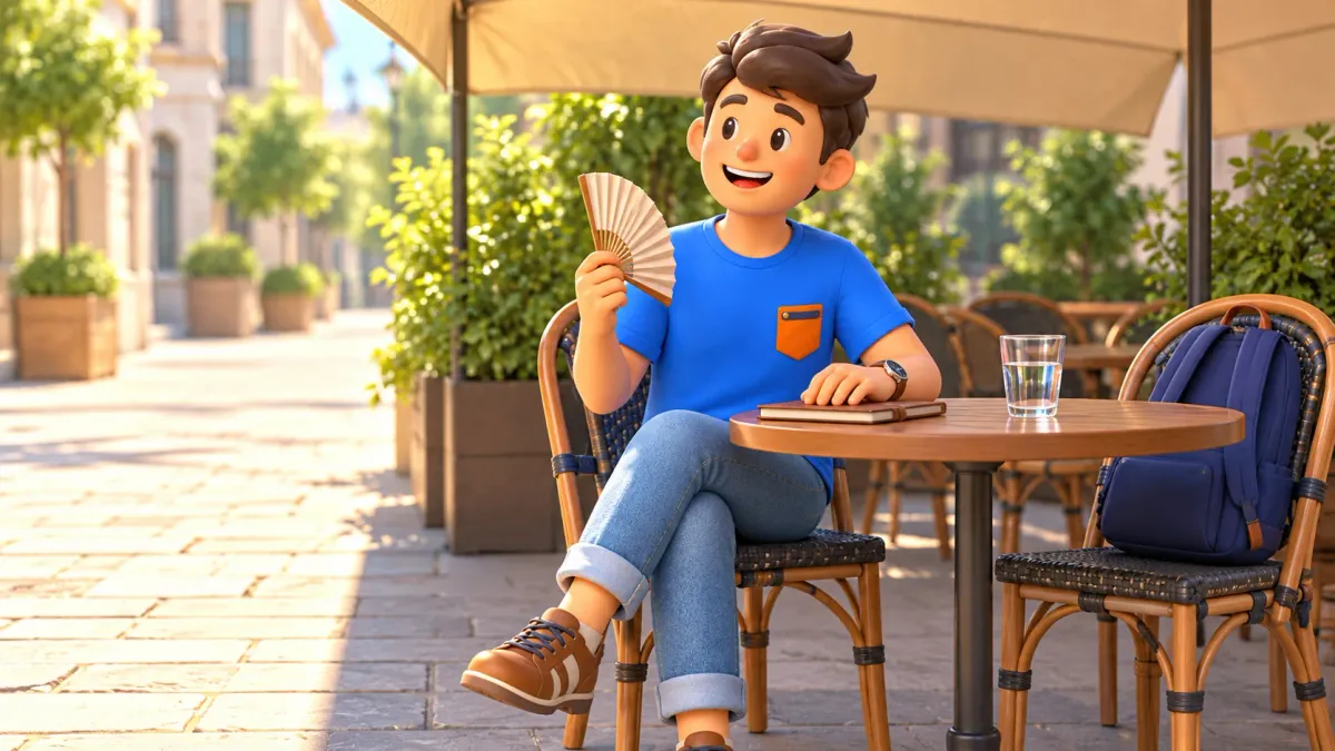 Character noticing the boundary between sunlight and shade at an outdoor café