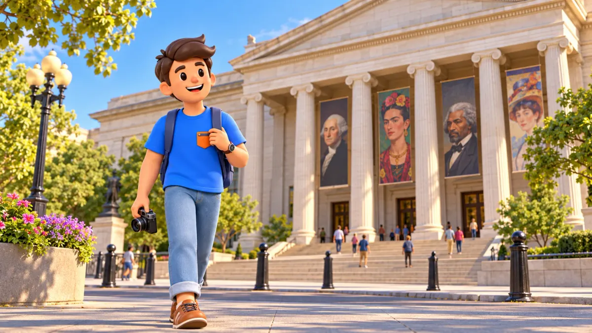 Illustration : un voyageur devant un musée d’art.