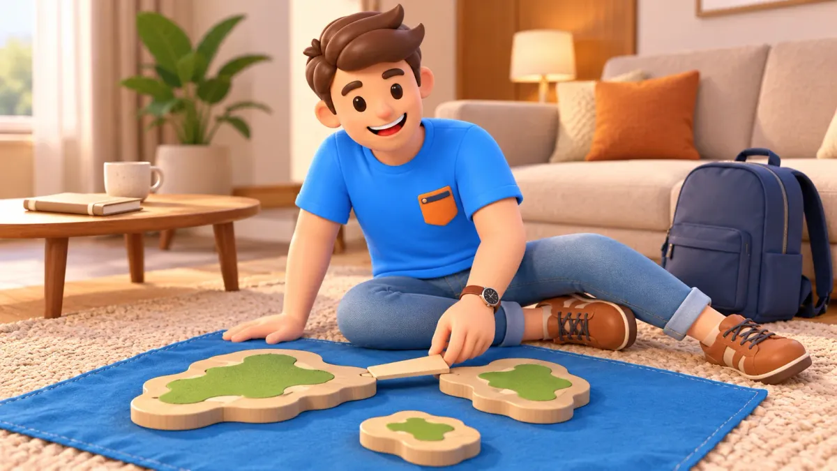 El personaje conecta islas abstractas de madera sobre una base azul