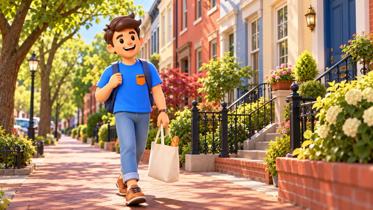 Illustration : un voyageur dans une rue résidentielle de Capitol Hill.