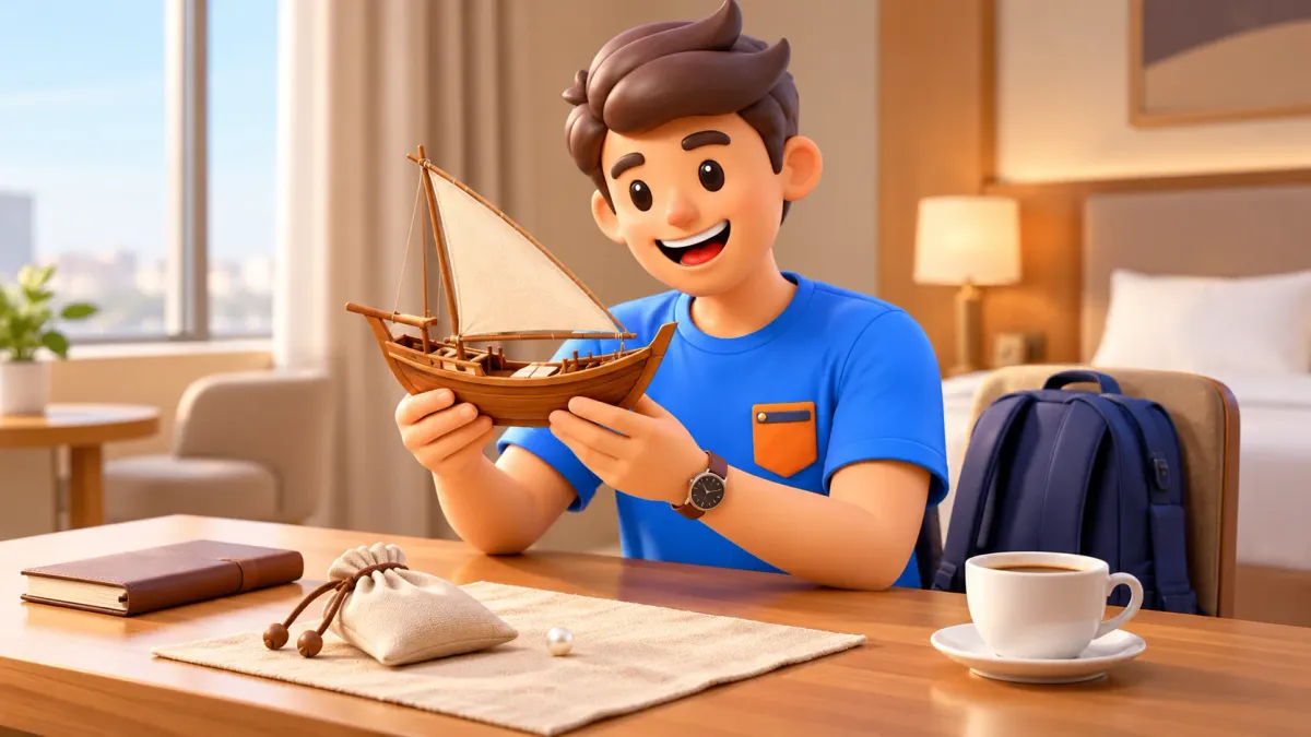 El personaje examina una maqueta de barco de madera sobre una mesa