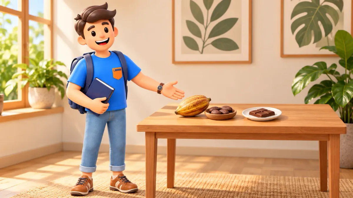 Illustrated traveller beside a conceptual teaching display of cocoa pod, beans and chocolate