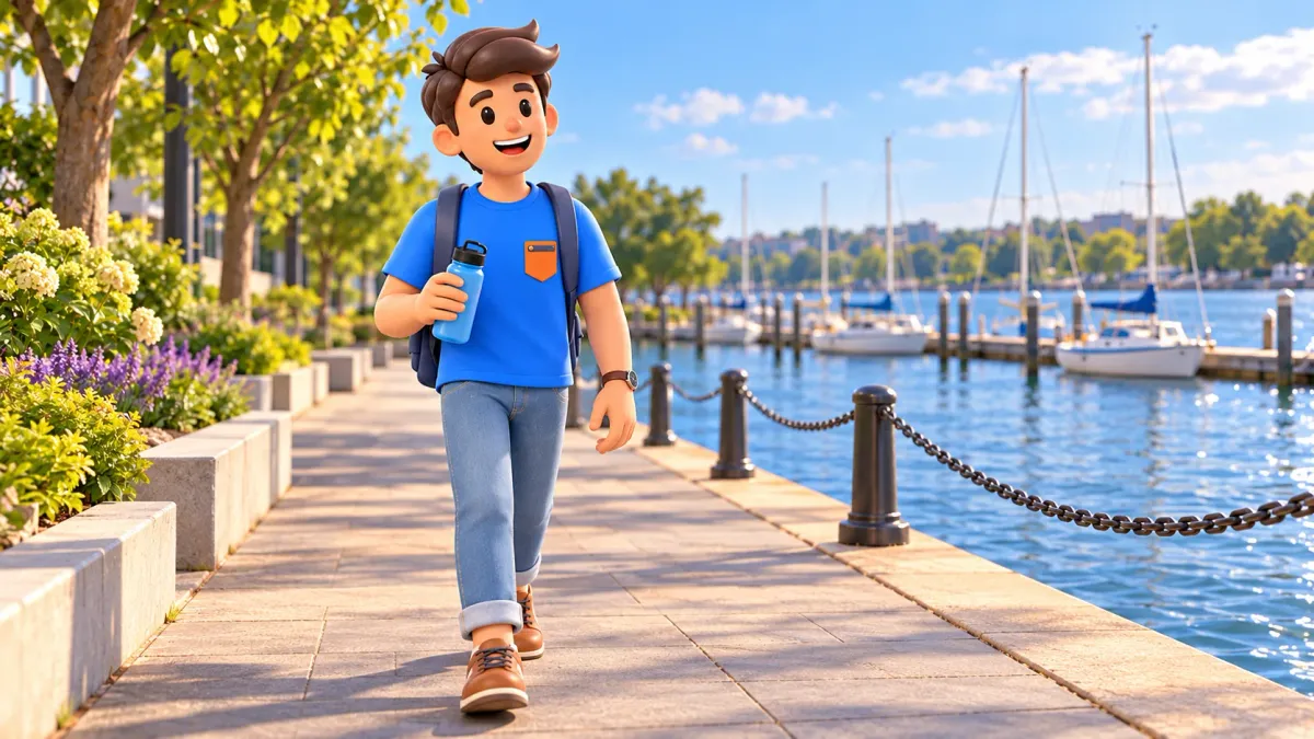 Illustration: ein Reisender an der Uferpromenade des Washington Channel.