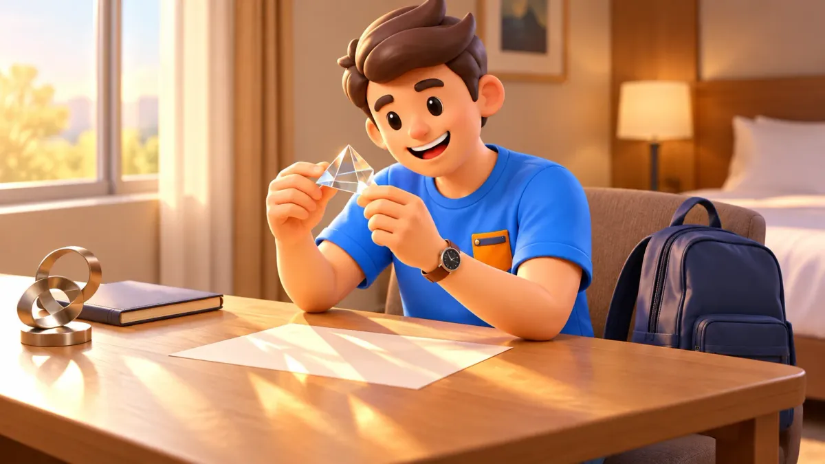 Personnage observant la lumière à travers une forme en verre
