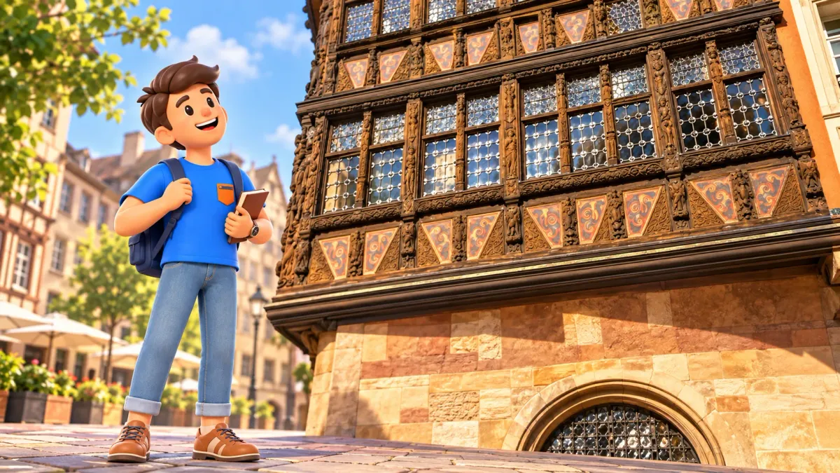 Illustrated traveller observing a reference-based fragment of Maison Kammerzell timberwork