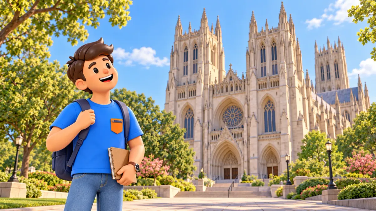Illustration: ein Reisender vor der Washington National Cathedral.