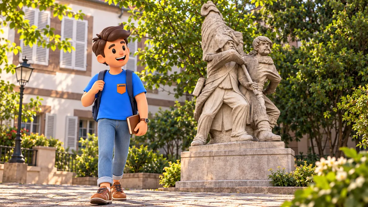 Illustrated traveller observing a photo-inspired interpretation of the Marseillaise monument