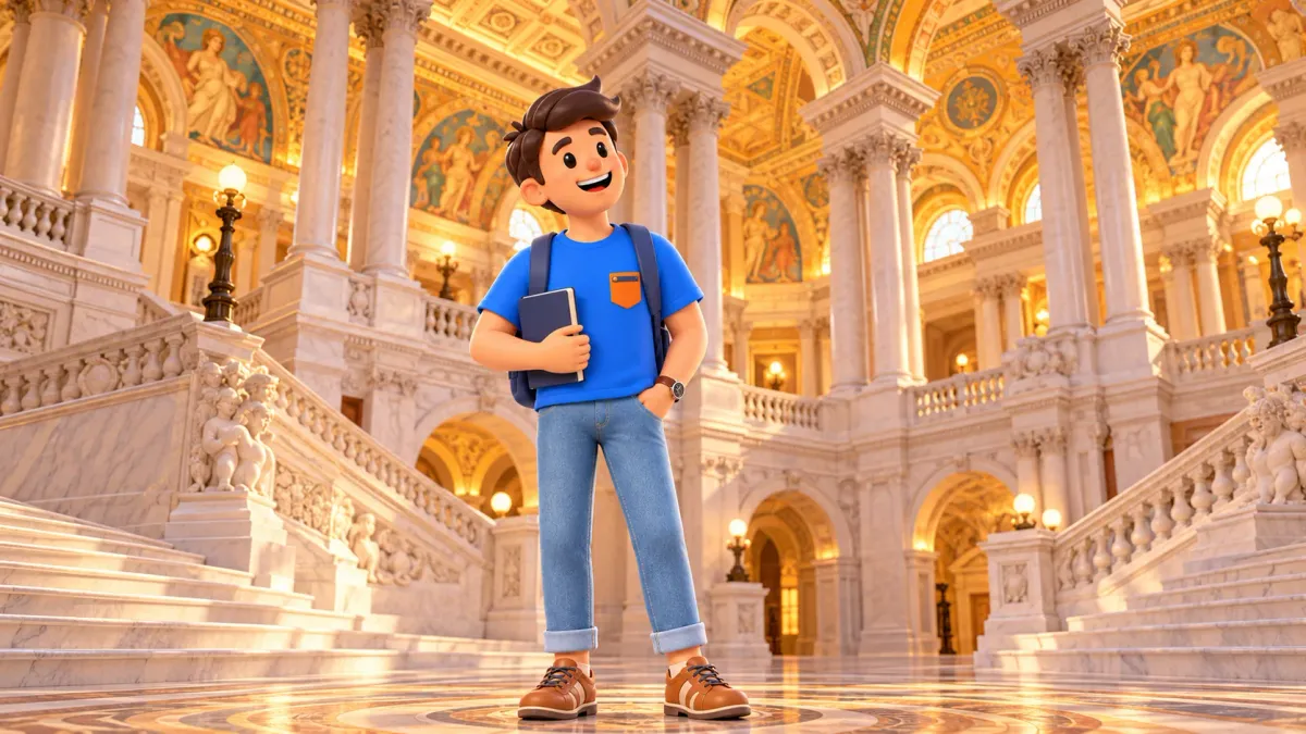 Ilustración: El viajero en un interior inspirado en el Gran Vestíbulo de la Biblioteca del Congreso