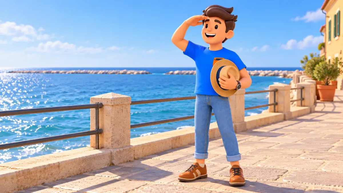 The traveller holds a sunhat and looks out from an illustrated seaside promenade.