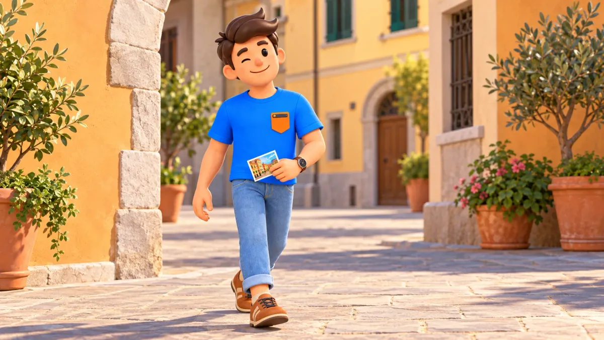 Le voyageur fait un clin d’œil avec une carte postale dans une rue de quartier illustrée.
