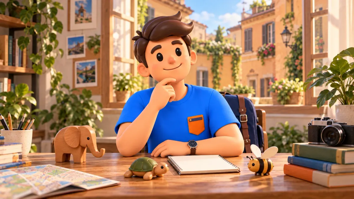 A traveller at a desk with small elephant, turtle and bee models