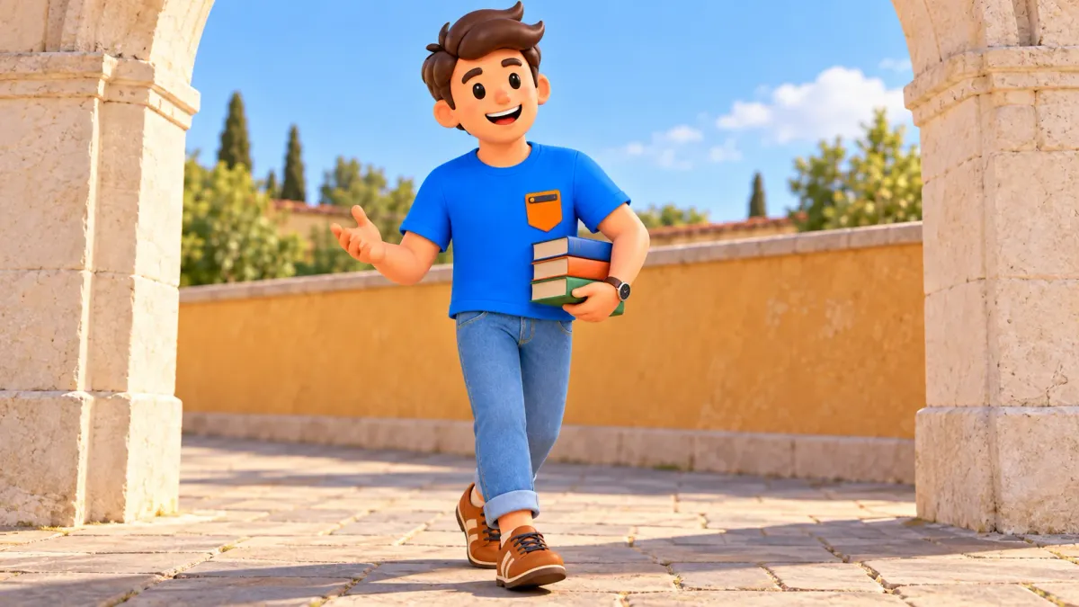 The traveller carrying three books walks beneath an artistically depicted stone arch.