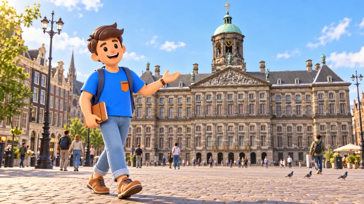A traveller with a journal on Dam Square in front of Amsterdam’s Royal Palace