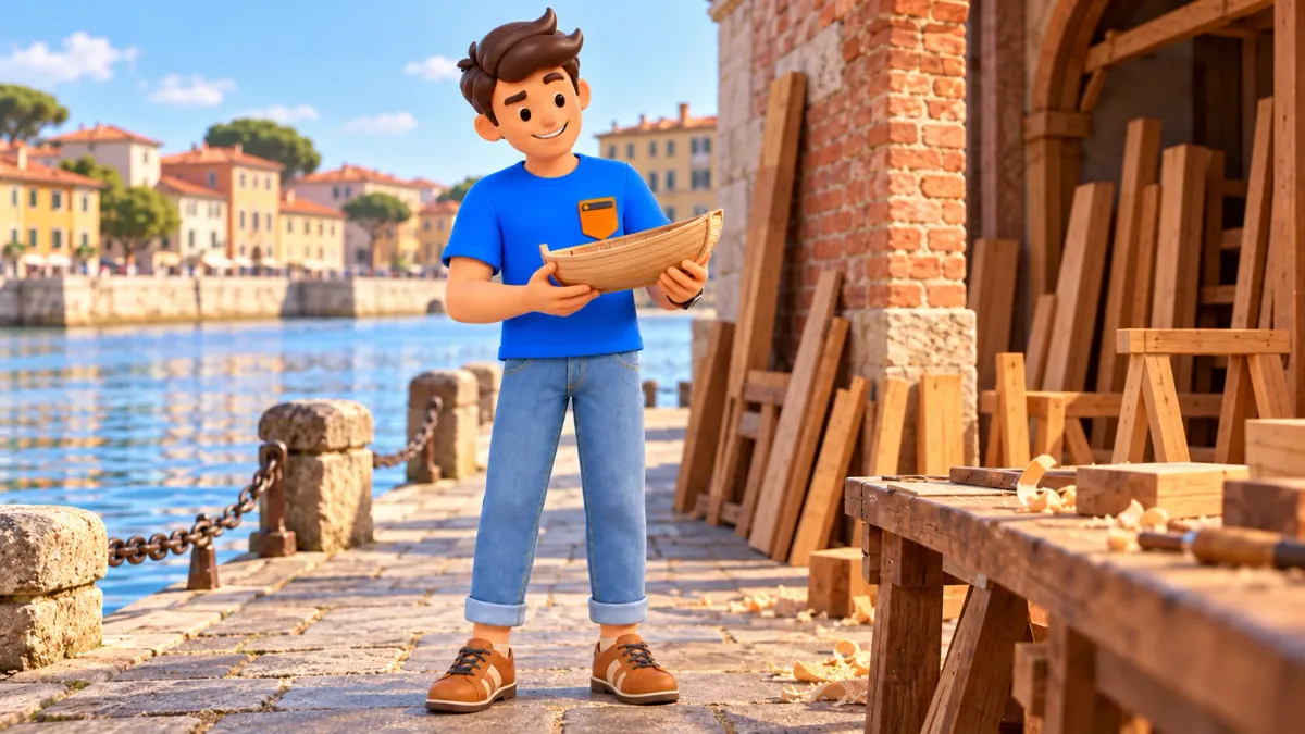 Le voyageur tient une maquette de bateau en bois près d’un atelier riverain illustré.