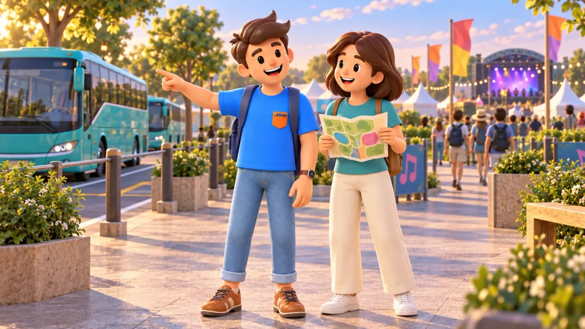 Traveller and a friend review a festival map and the route to a shuttle bus