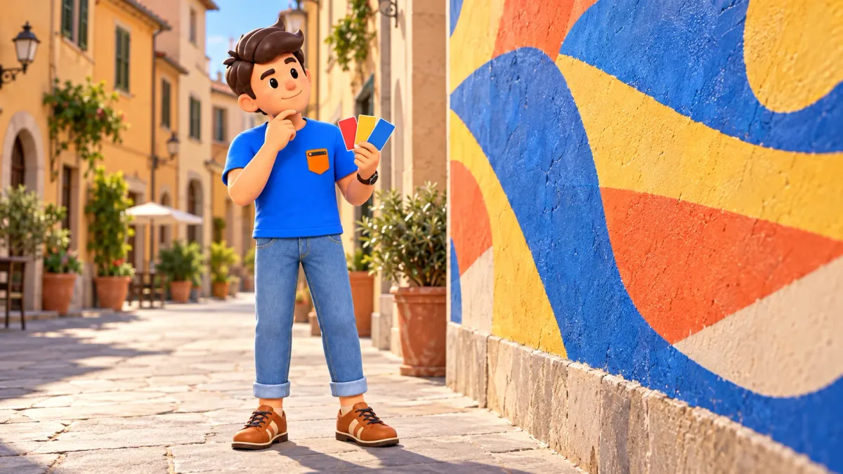 The traveller with three colour cards considers a conceptual abstract wall painting that does not reproduce actual murals.