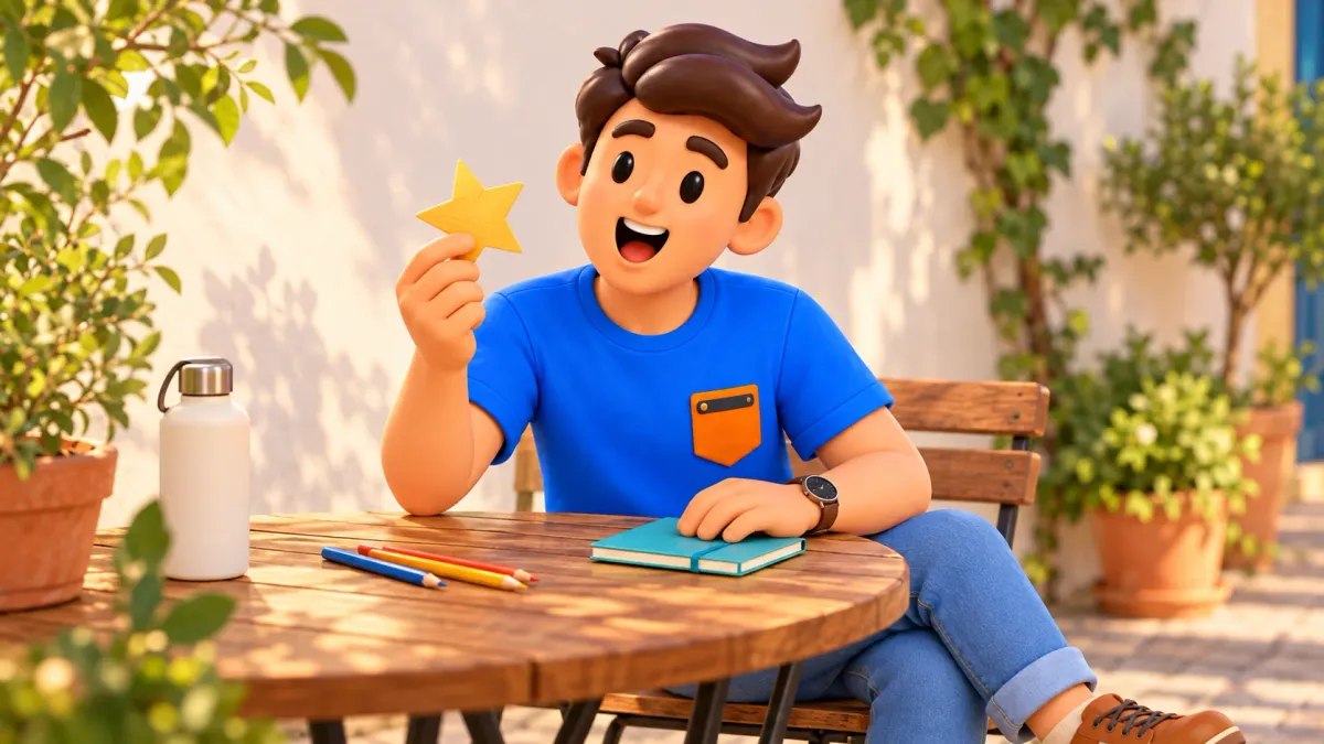 Le voyageur à une table tient une étoile jaune près d’un carnet, de crayons et d’eau.