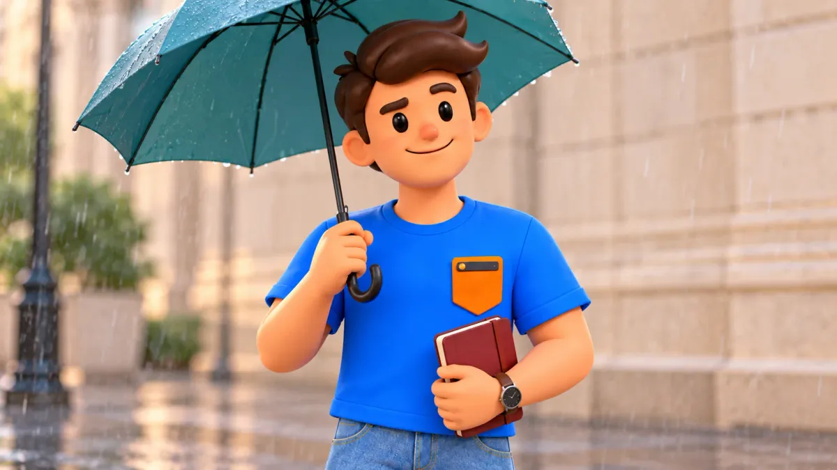 Le voyageur avec un parapluie turquoise et un carnet bordeaux près d’un mur de pierre imaginé sous la pluie.
