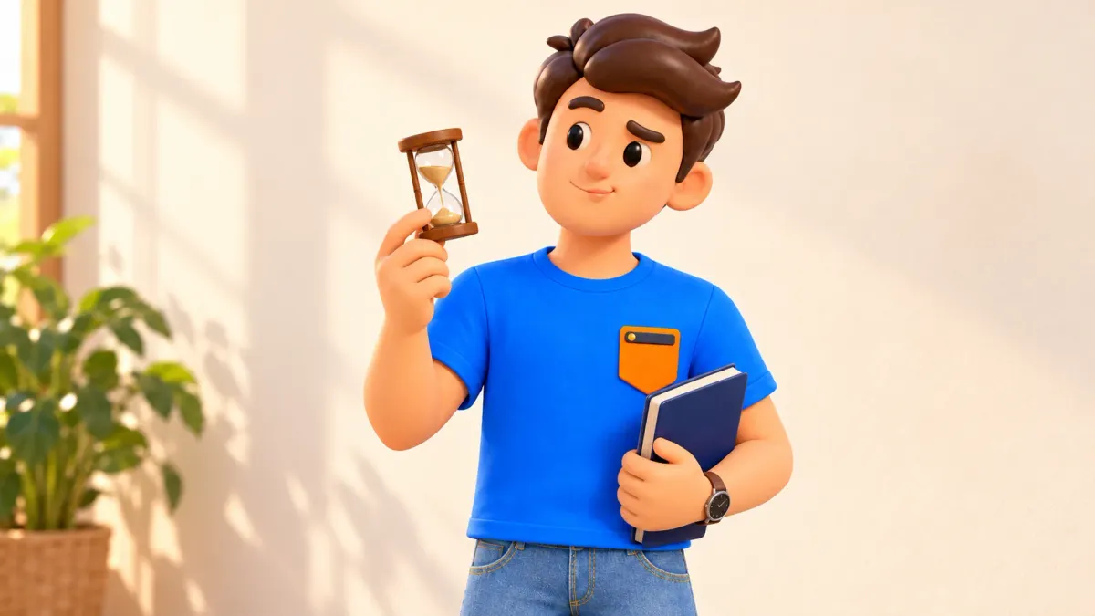 The traveller with an hourglass and closed guidebook considers a sightseeing choice.