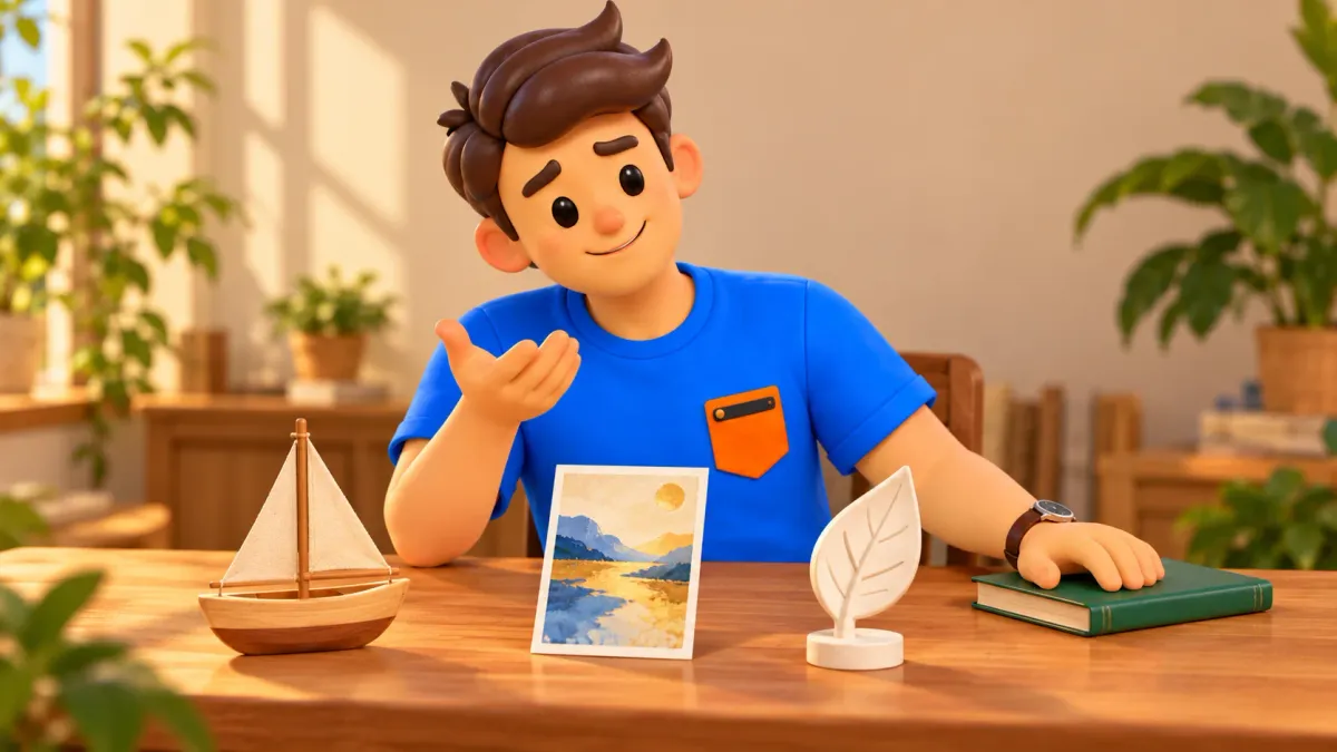 Le voyageur choisit un thème de musée devant un bateau miniature, une carte abstraite et un modèle de feuille.