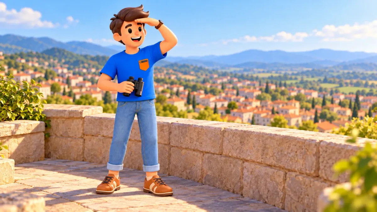 The traveller with binoculars shades his eyes at a conceptual lookout; the imagined landscape is not a view of Pisa.