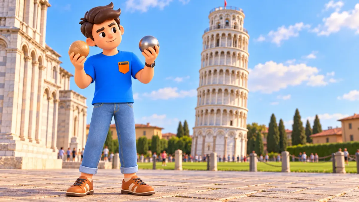 El personaje moderno sostiene dos esferas ante una torre de Pisa ilustrada, sin reconstruir el experimento de Galileo.