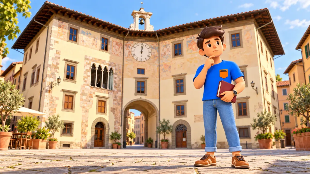 The thoughtful traveller with a book before an illustrated Clock Palace based on a municipal photo, not a medieval event reconstruction.
