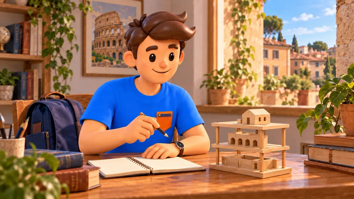 A traveller studies a wooden model of a city’s historical layers