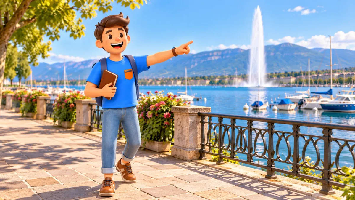 The character with a notebook pointing along a lakeside walk with Jet d’Eau behind him