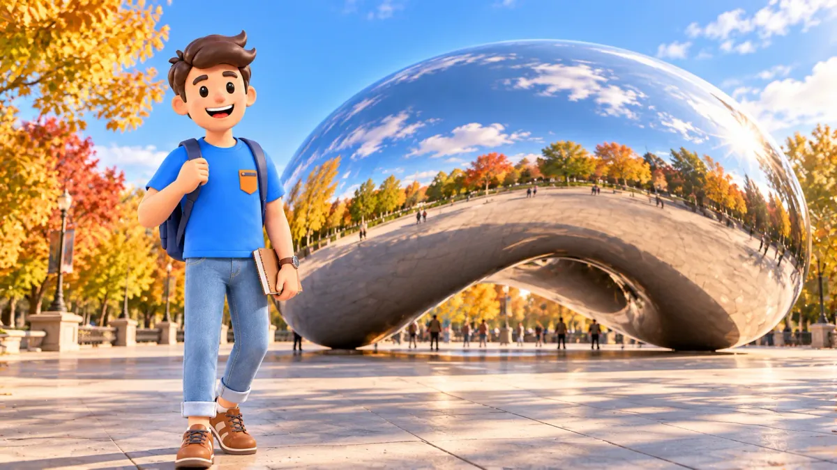 Traveller with a notebook beside Cloud Gate in autumnal Millennium Park.