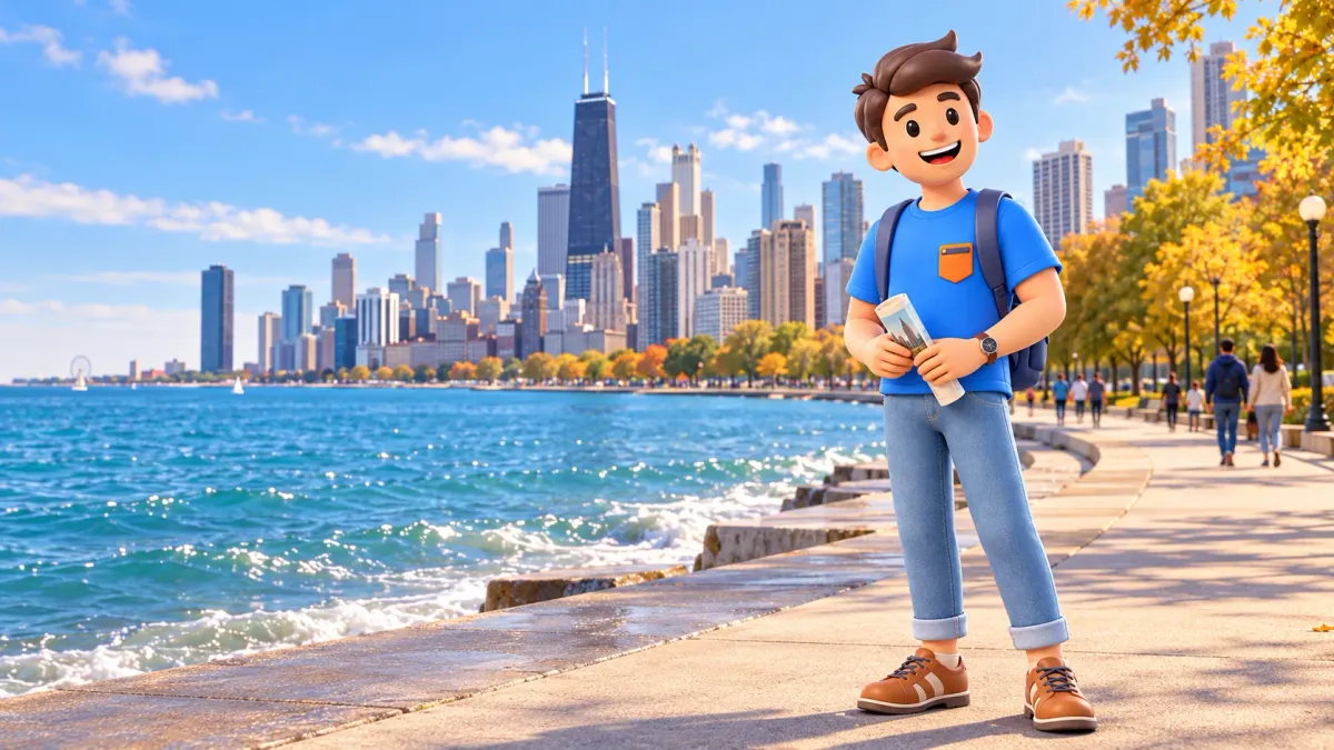 Reisender mit Museumsprospekt auf einer Promenade am Michigansee vor der Stadtkulisse.