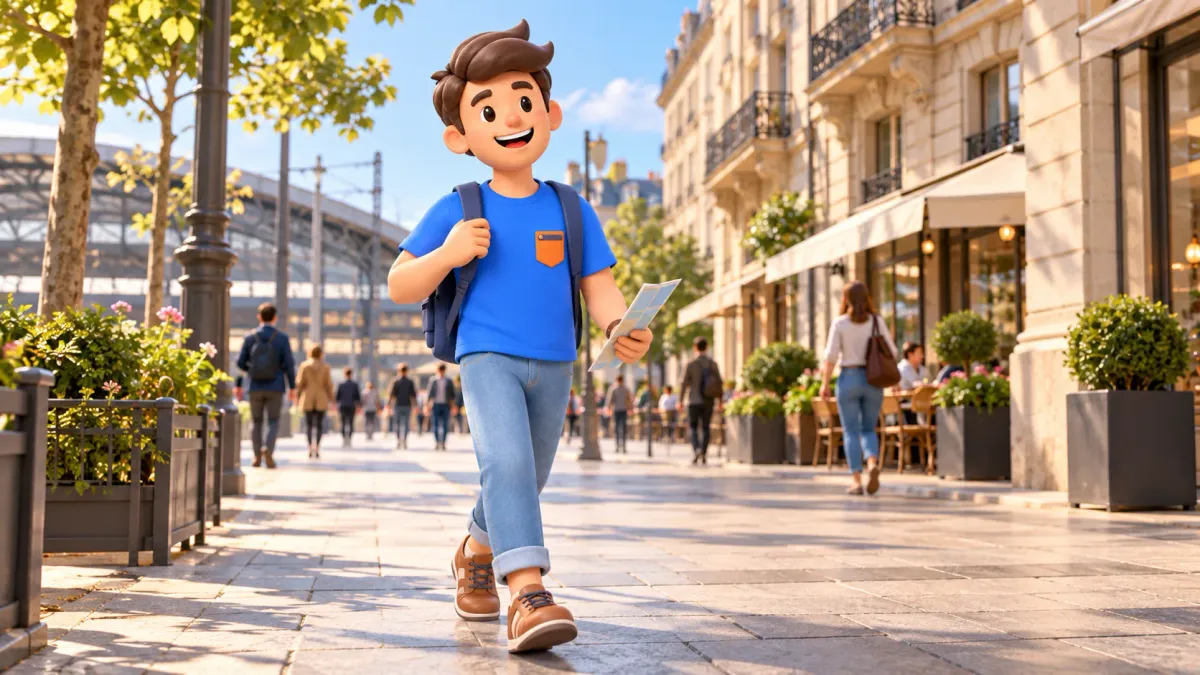 Un voyageur commence une promenade dans le quartier de la gare