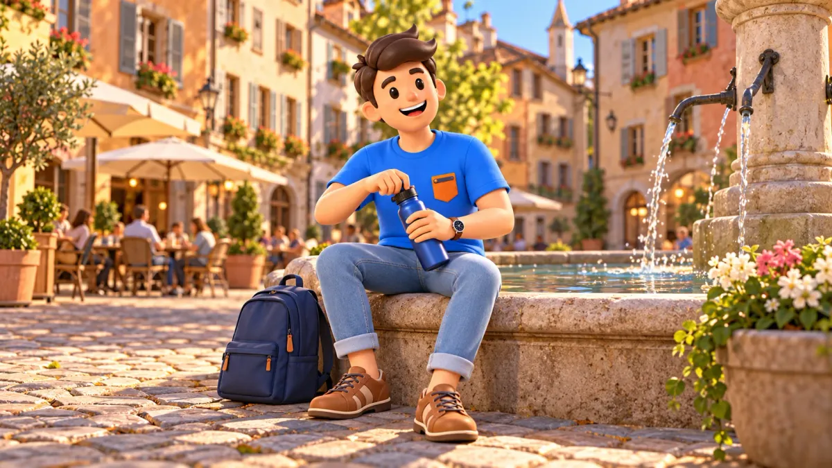 Un voyageur fait une pause avec une gourde près d’une fontaine sur une place ancienne