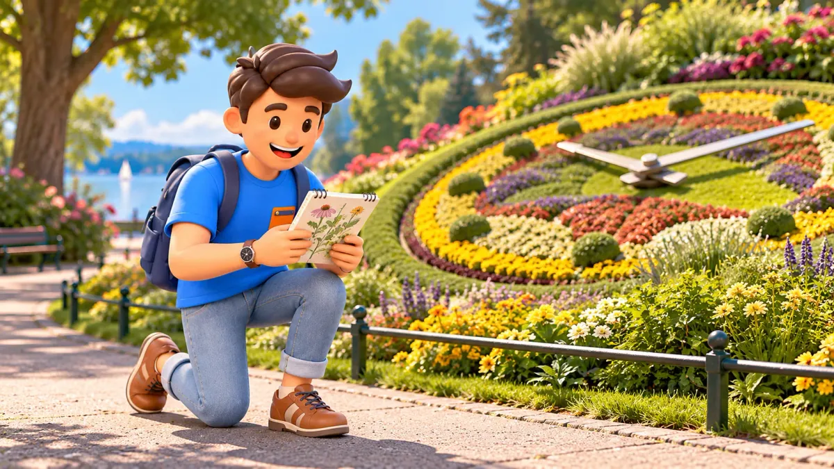 Die Figur mit botanischem Skizzenbuch neben einer Blumenuhr