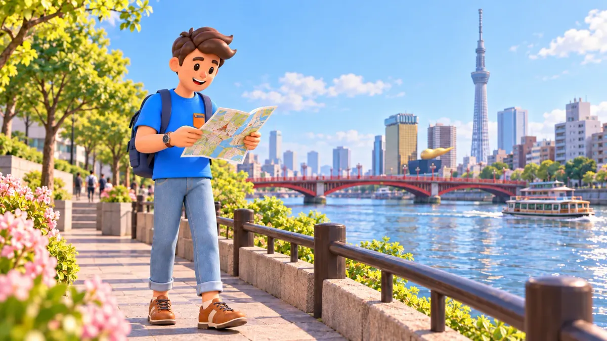 Traveler studying a map on a stylized Sumida riverside