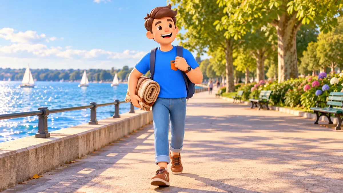 A traveller carrying a blanket along a leafy waterfront