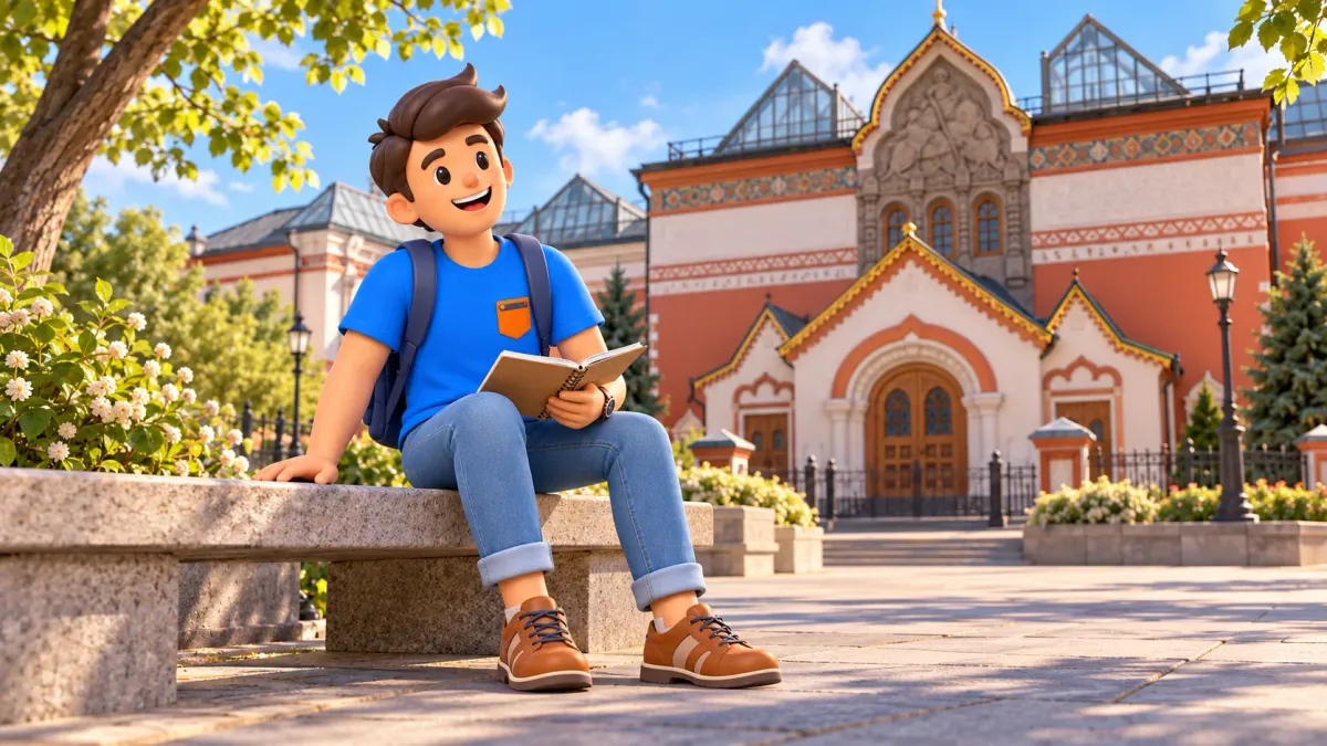 Un voyageur avec un carnet devant le bâtiment historique de la galerie Tretiakov, illustration 3D