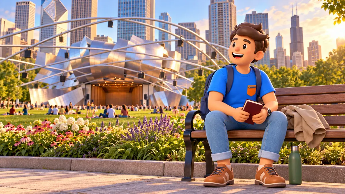 Voyageur se reposant sur un banc face au pavillon Pritzker.