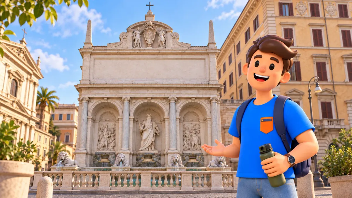 A traveller holding a closed bottle beside Rome’s Moses Fountain