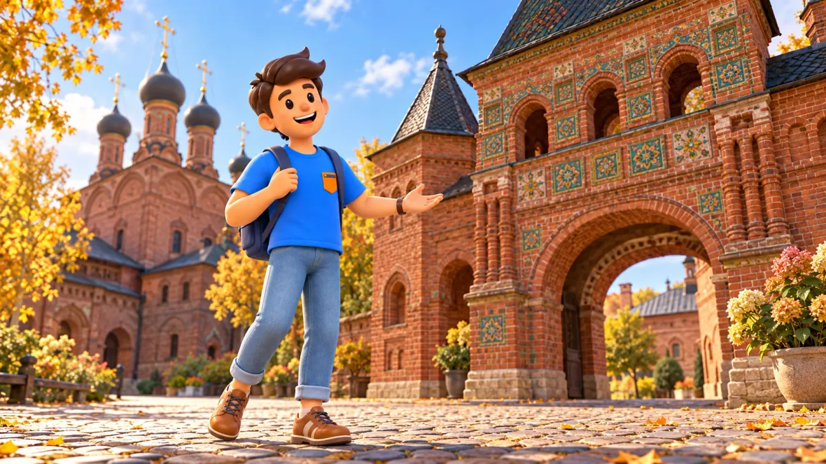 Un viajero descubre la puerta decorada de Krutitsy, ilustración 3D