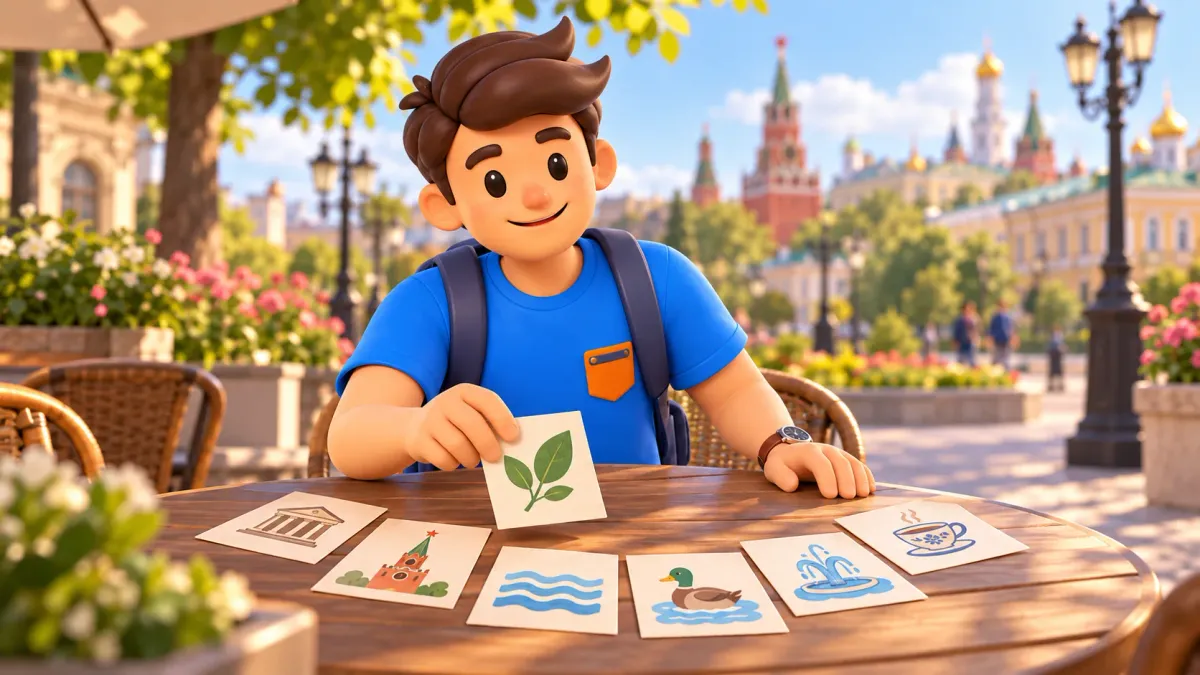 Un viajero elige tarjetas de intereses para un paseo por Moscú, ilustración 3D