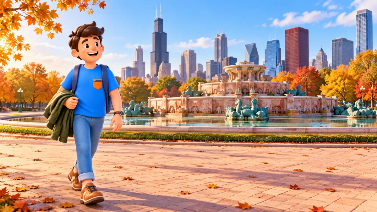 Reisender geht im Herbst über den offenen Platz an Buckingham Fountain.